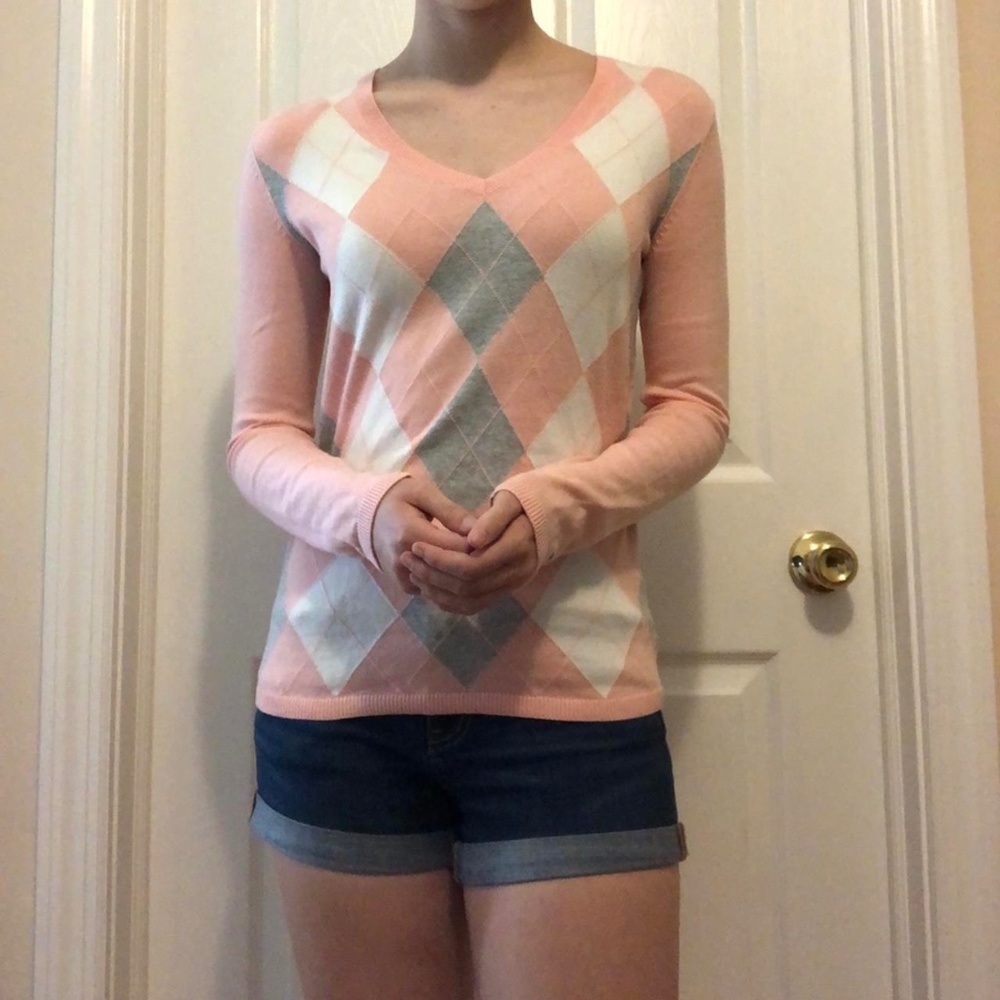 Pink Argyle V-Neck Sweater - Size XS from Tommy Hilfiger